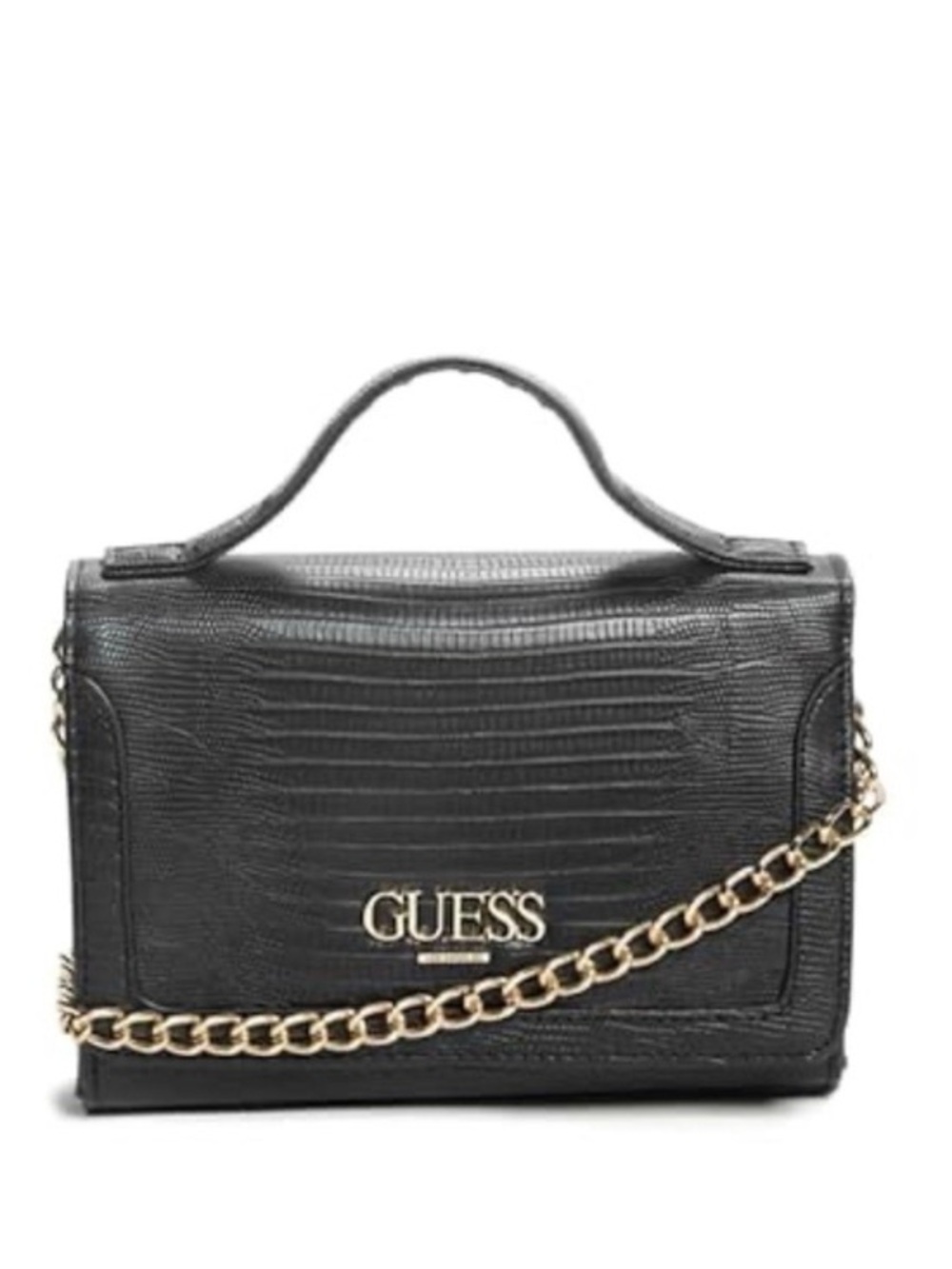 GUESS Black Croc-Embossed Crossbody with Gold Chain